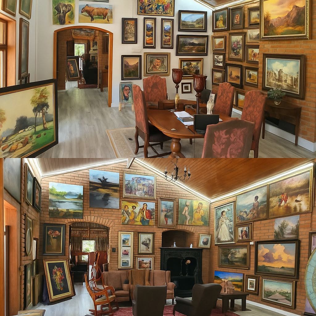 A quieter corner of Kunssinnig Gallery with framed works and furniture