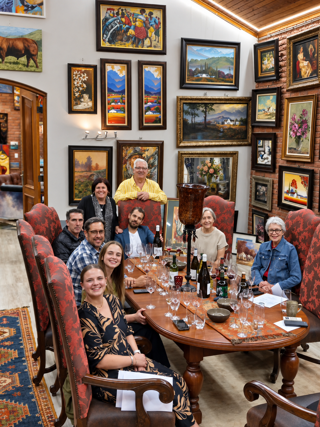 Collectors seated around a table for a wine tasting evening at Kunssinnig Gallery, surrounded by framed South African paintings