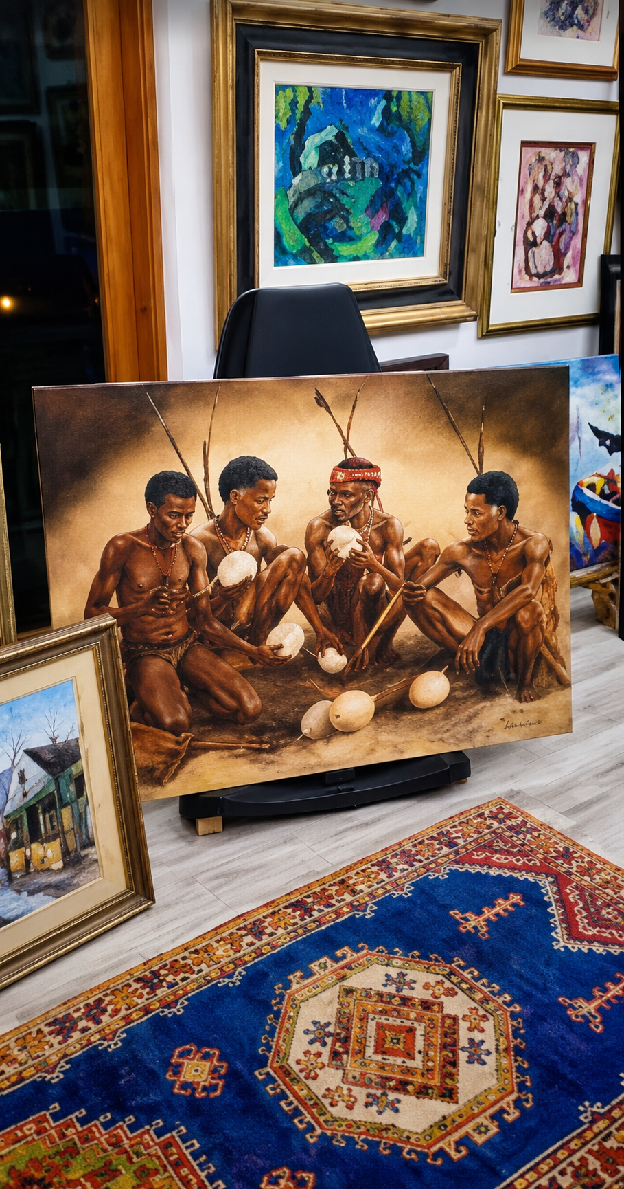 A painting of figures seated around a fire, standing on an easel at Kunssinnig Gallery, framed works and a patterned rug around it